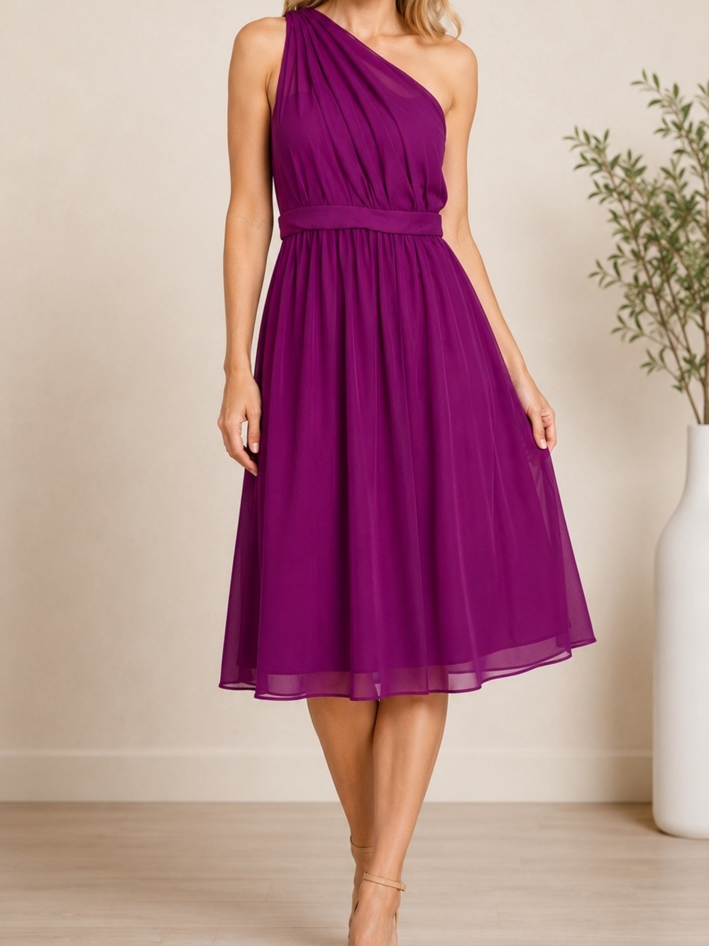 David's Bridal Dress Size 18 Fuchsia One-Shoulder Midi Dress